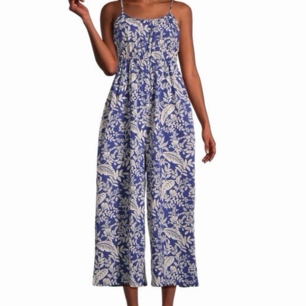 World Market Vista Palm Jumpsuit Womens Small/Med.Blue White Cotton Pockets NWOT